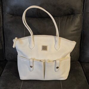 Dooney & Bourke Cream White Pebbled Leather Crescent Tote Handbag Bag Purse